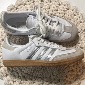 Adidas Samba White and Silver ladies size 7.5  like new condition  so beautiful